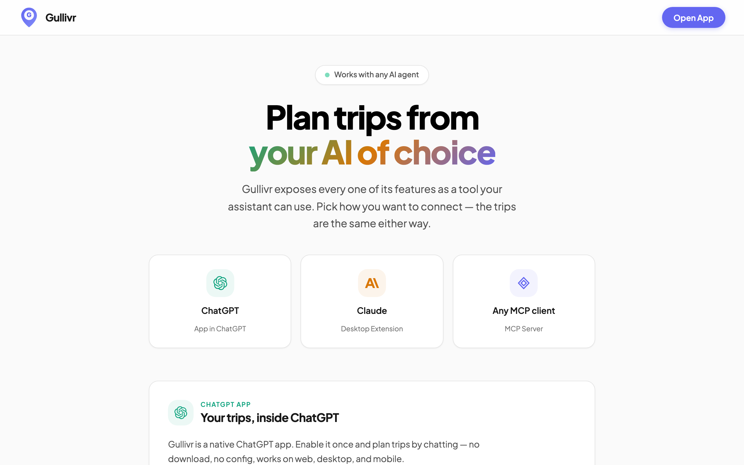 The Gullivr agents page, offering ChatGPT, Claude and any MCP client