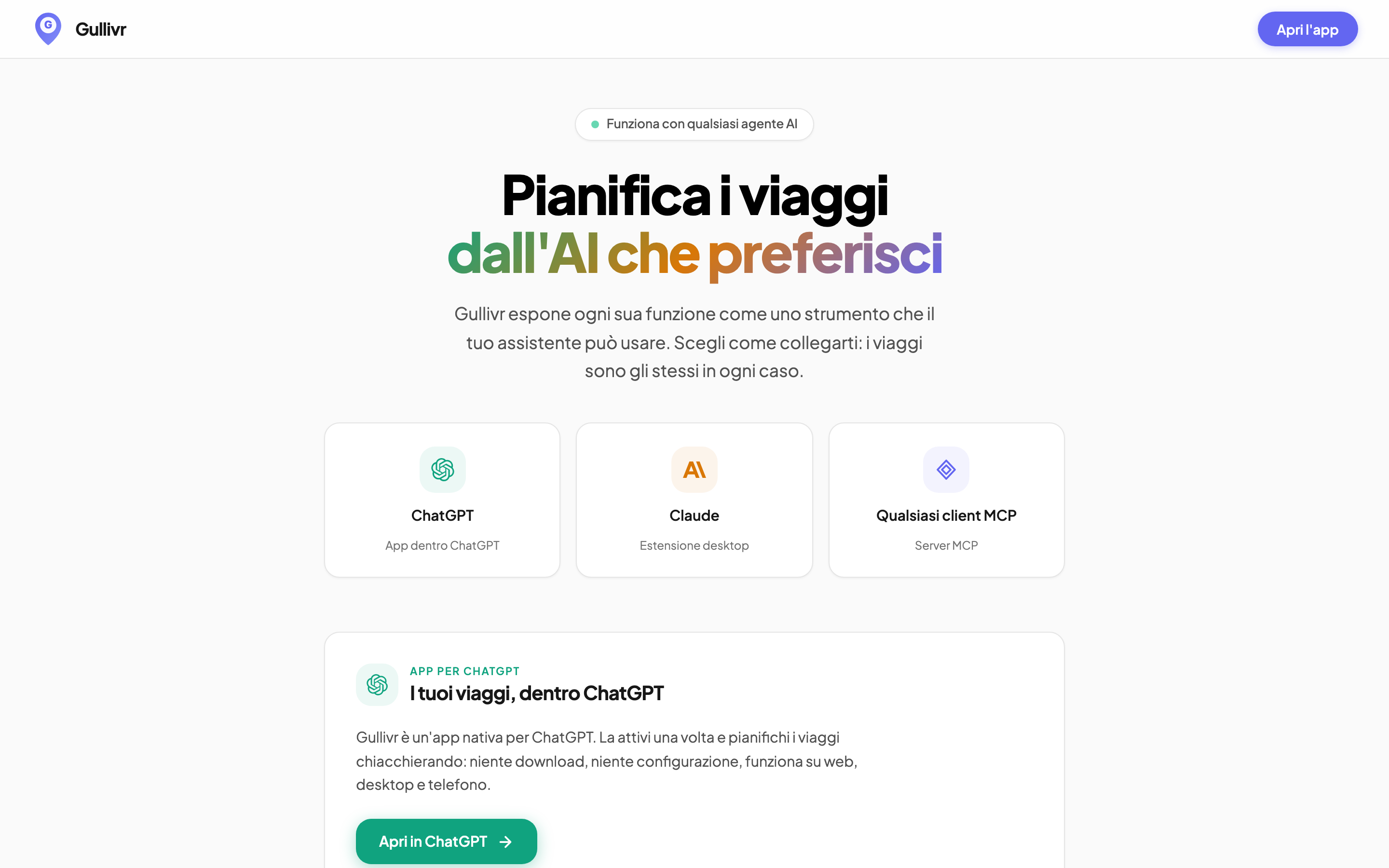 La pagina agenti di Gullivr, con ChatGPT, Claude e qualsiasi client MCP