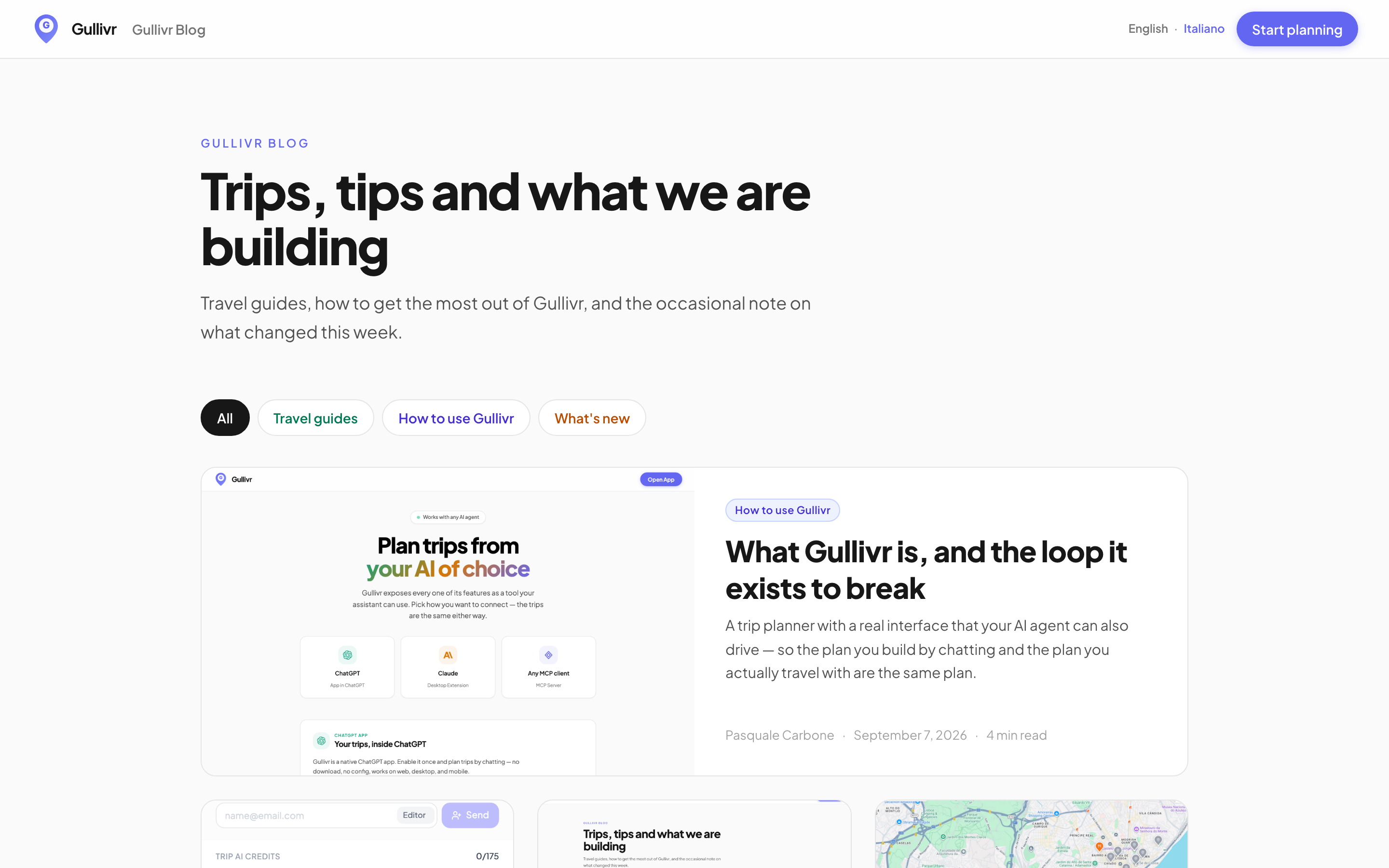 The Gullivr blog index, with the category filters and the first posts