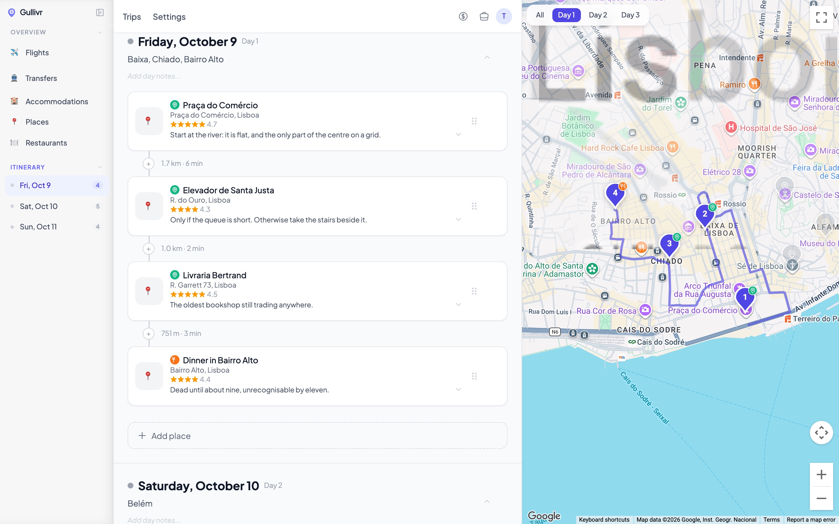 A day of a Lisbon itinerary in Gullivr: four stops with ratings and notes on the left, and a
map on the right with the stops numbered in order and the walking route drawn between
them