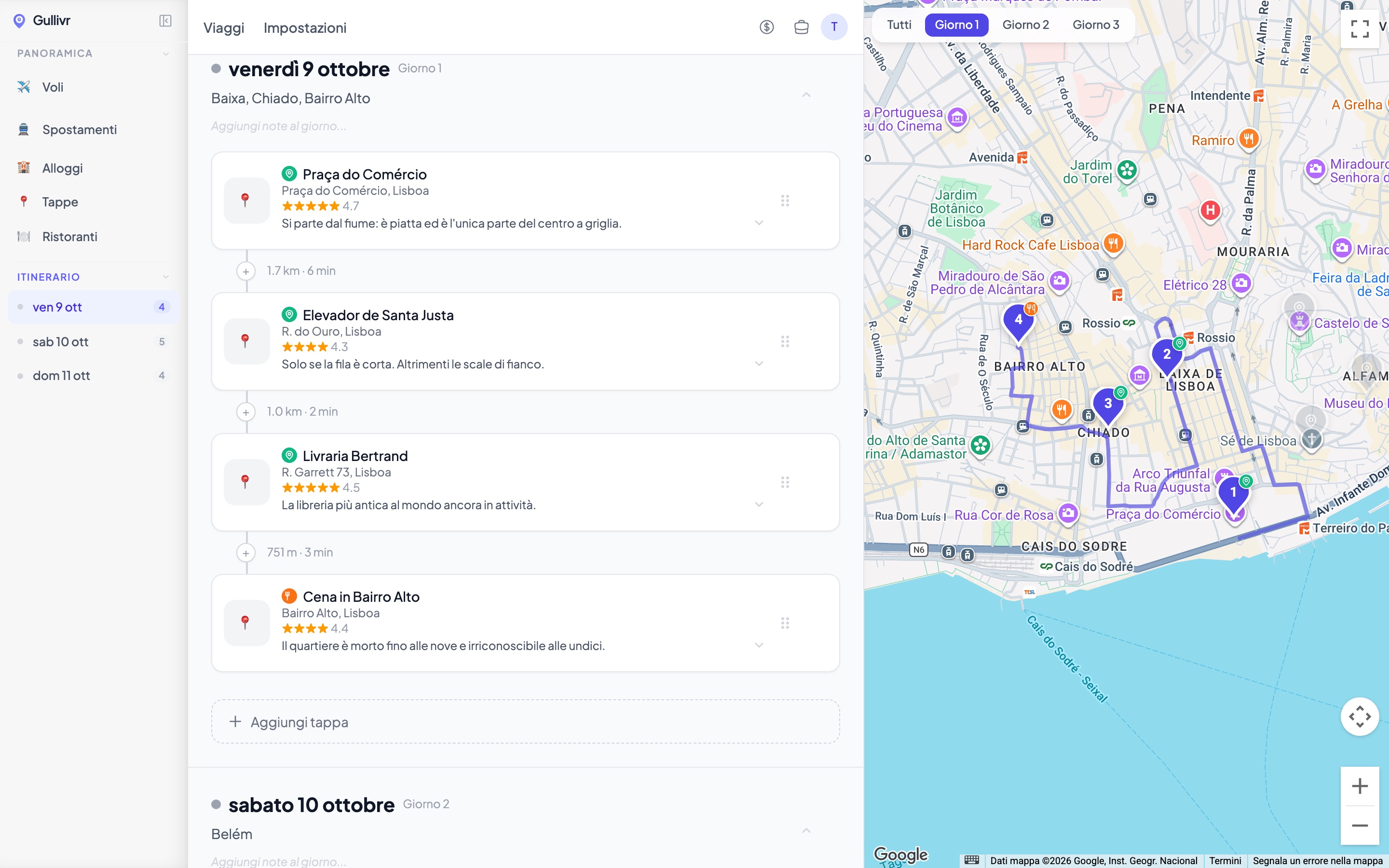 Un giorno di un itinerario di Lisbona in Gullivr: a sinistra quattro tappe con voto e note, a
destra la mappa con le tappe numerate nell'ordine di percorrenza e il percorso a piedi tracciato tra
loro