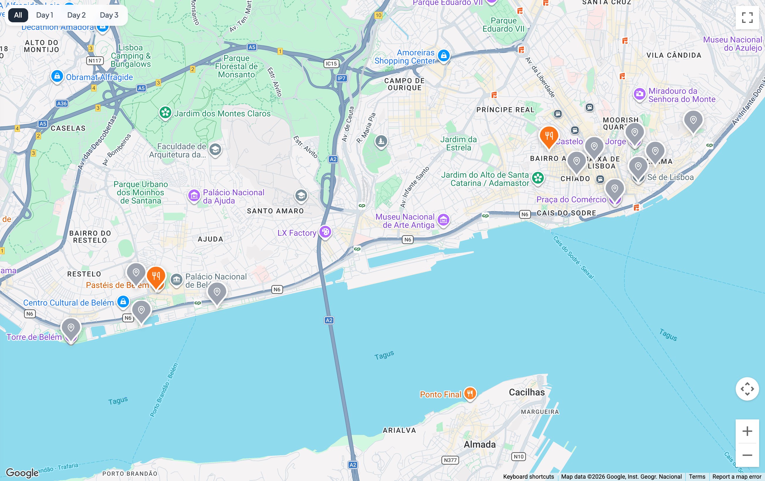 The three days of this itinerary on a map — Belém out west, the centre and Alfama to the east