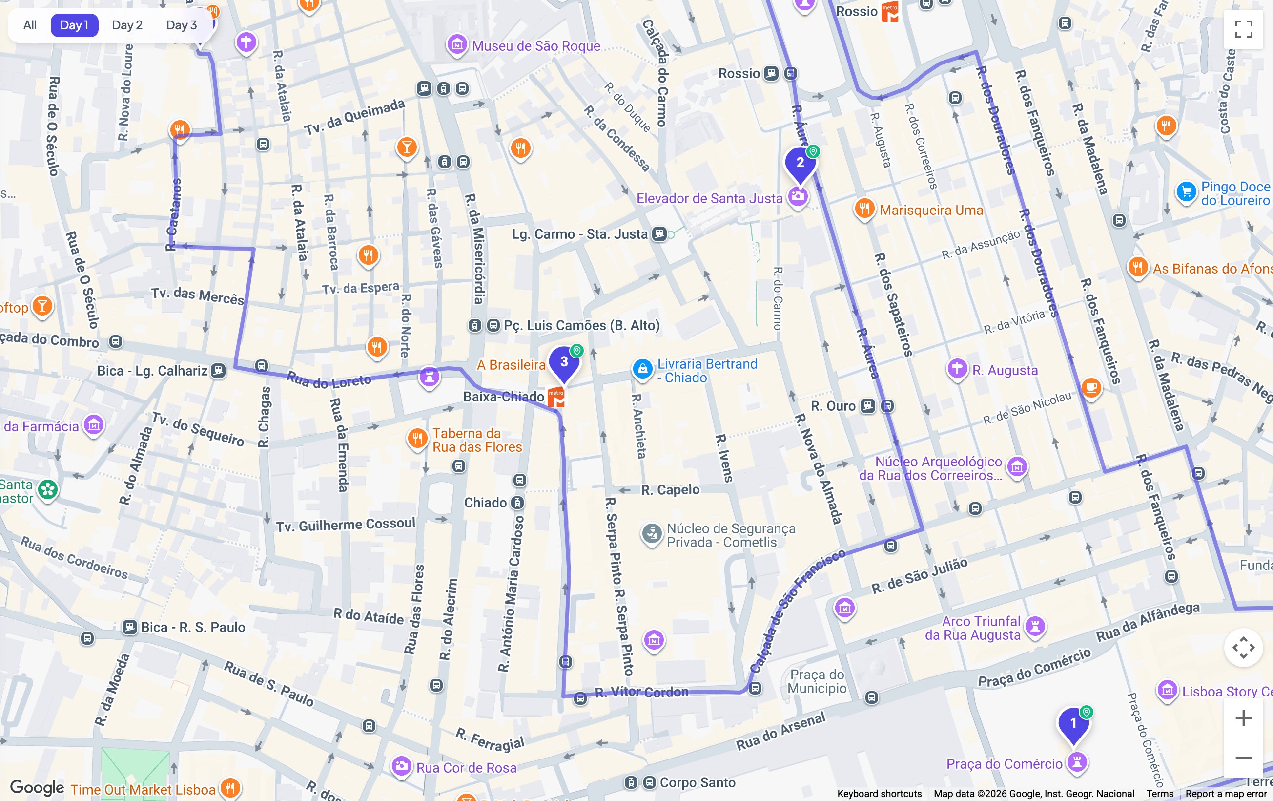 Day 1 on the map: the four stops numbered from Praça do Comércio up through Chiado to Bairro
Alto, with the walking route between them
