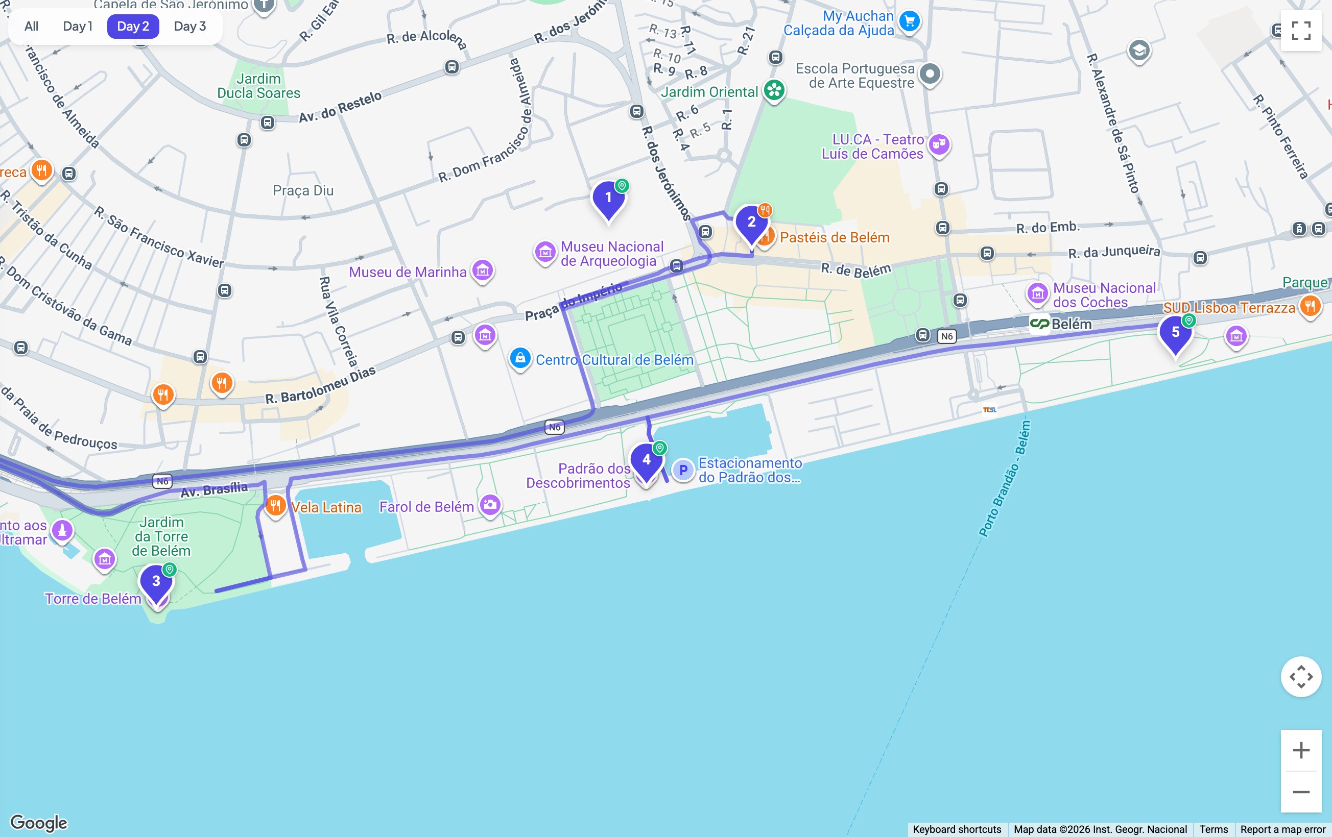 Day 2 on the map: the Belém stops strung along the river, from the monastery west to the
tower