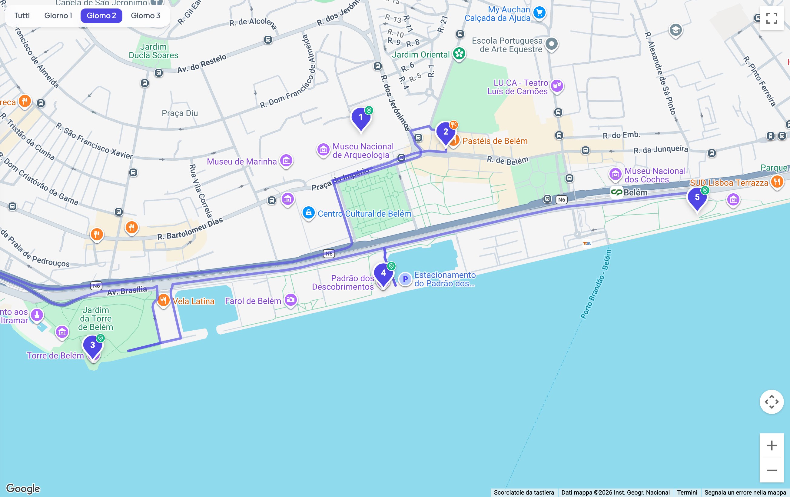 Il giorno 2 sulla mappa: le tappe di Belém allineate lungo il fiume, dal monastero a ovest fino
alla torre